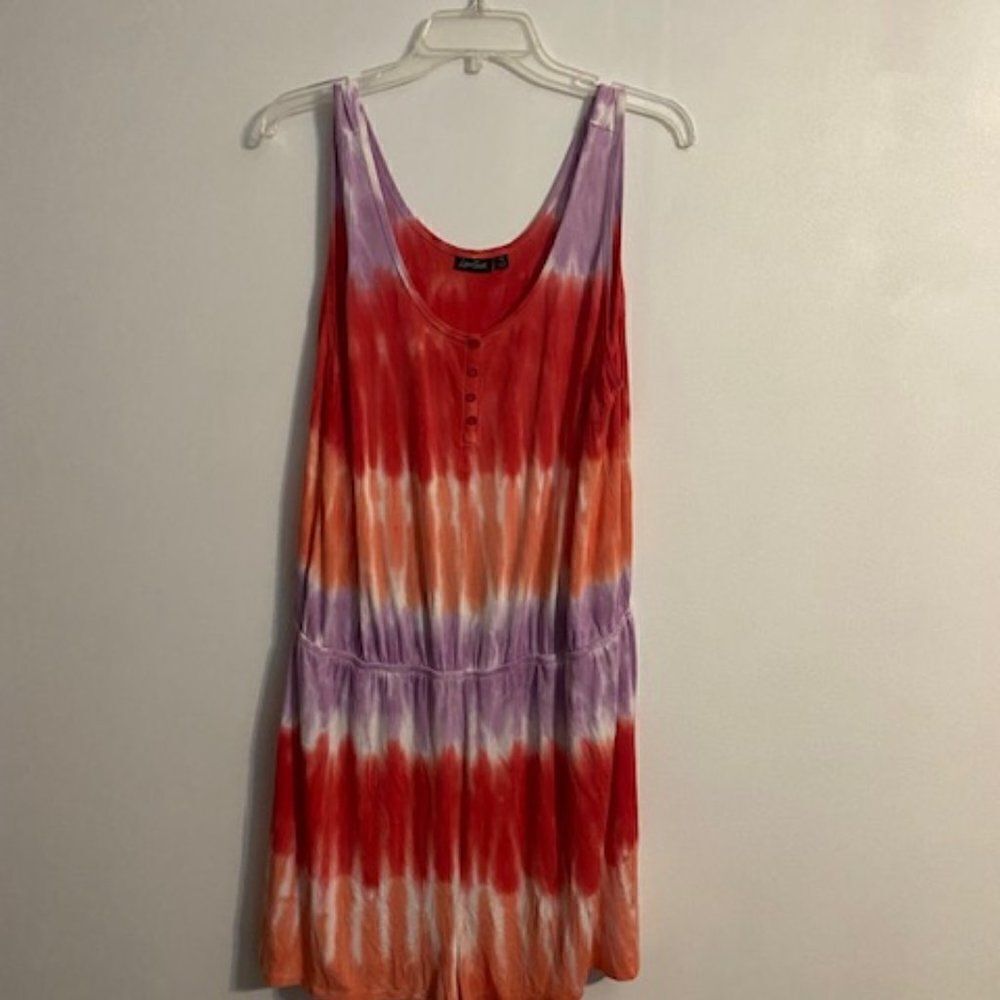 Torrid Love Sick Red/Orange/Lavendar Henley Tie Dye Romper, size 1